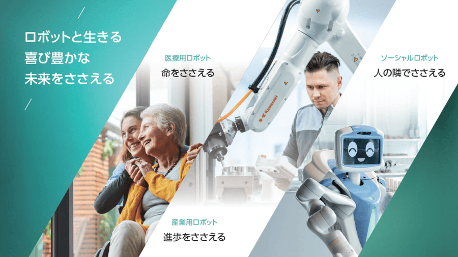 川崎重工のパーパスを表した画像
ロボットと生きる喜び豊かな将来を支えるというメッセージを画像と共に表している